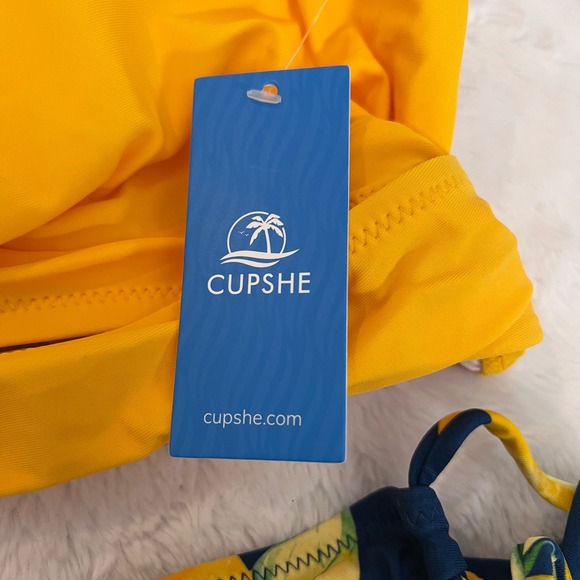 Cupshe Yellow Wrap Bikini Top Navy Lemon Print Side Tie Bottoms Set Size XL NWT - Picture 11 of 13